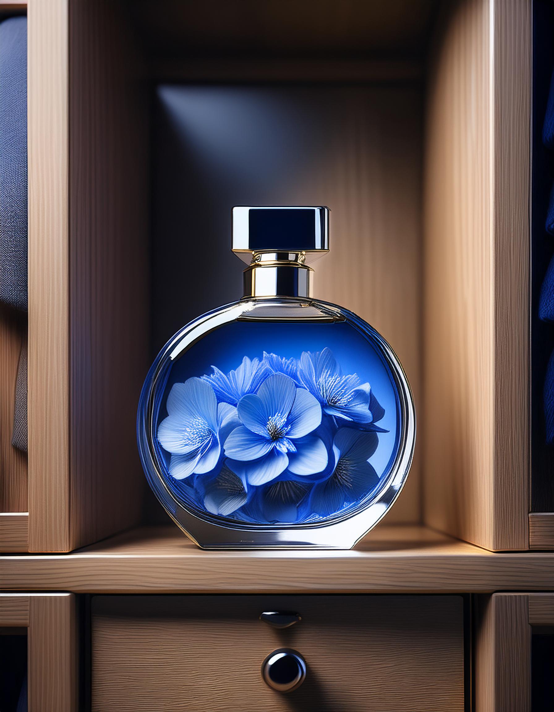 Firefly perfume filled with blue flowers in closet; hyper realistic 9146