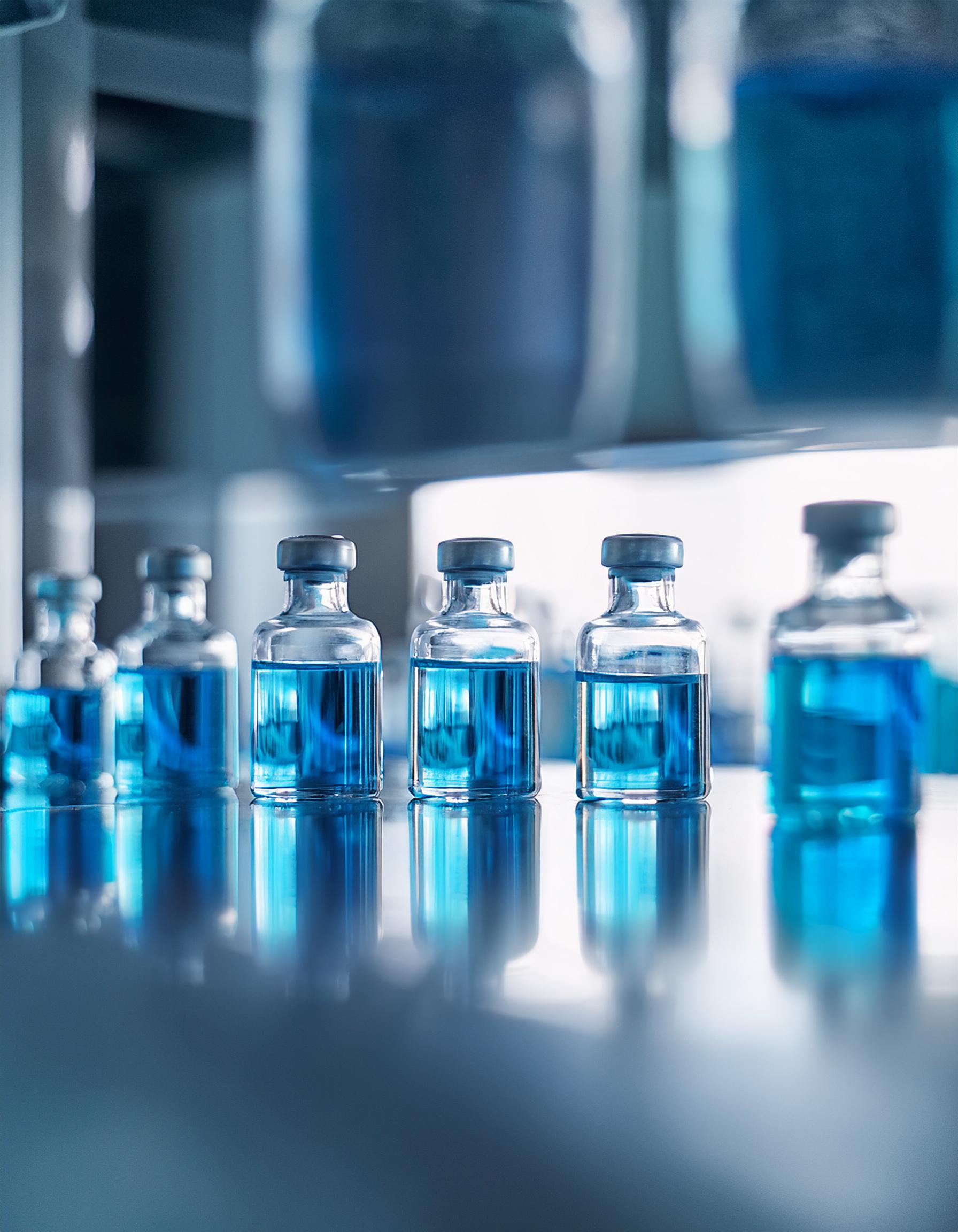 Firefly Small Glass Bottles Filled With Blue Liquid, Hyper Realistic; In A Laboratory For The Prepar
